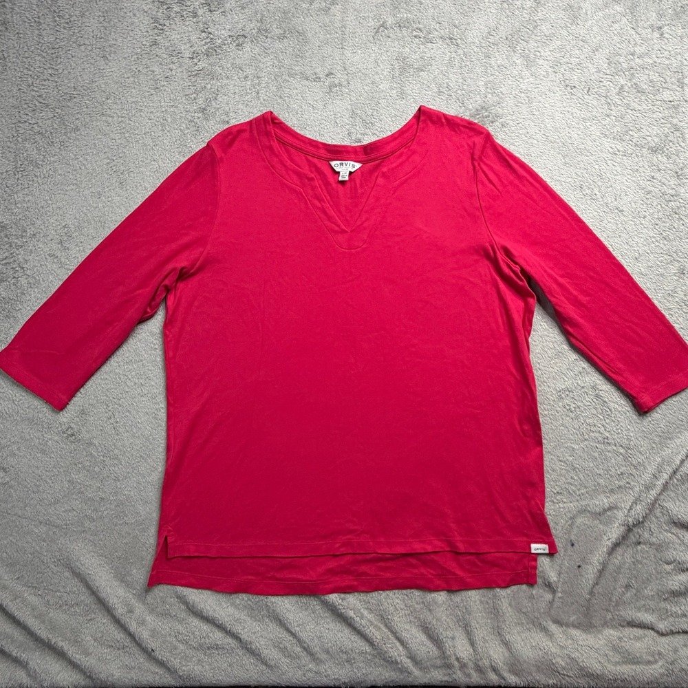 Orvis Women Pink 100% Pima Cotton 3/4 Sleeve Notch V-Neck Top Size Large